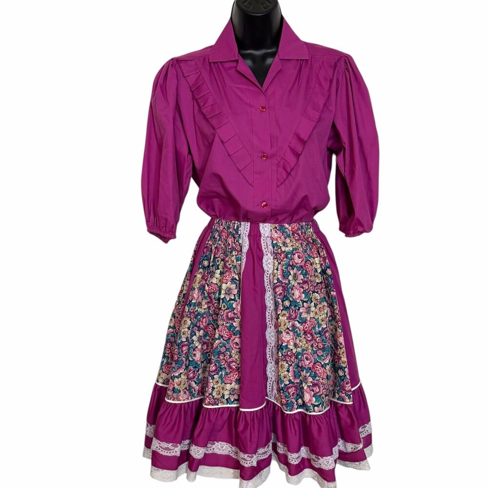 RARE VINTAGE TATER SAX WESTERN PRAIRIE SQUARE DANCE SET MAGENTA FLORAL LACE SZ S